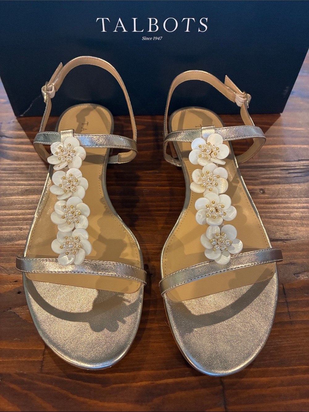 Talbots Metallic Gold Floral T-Strap Sandals